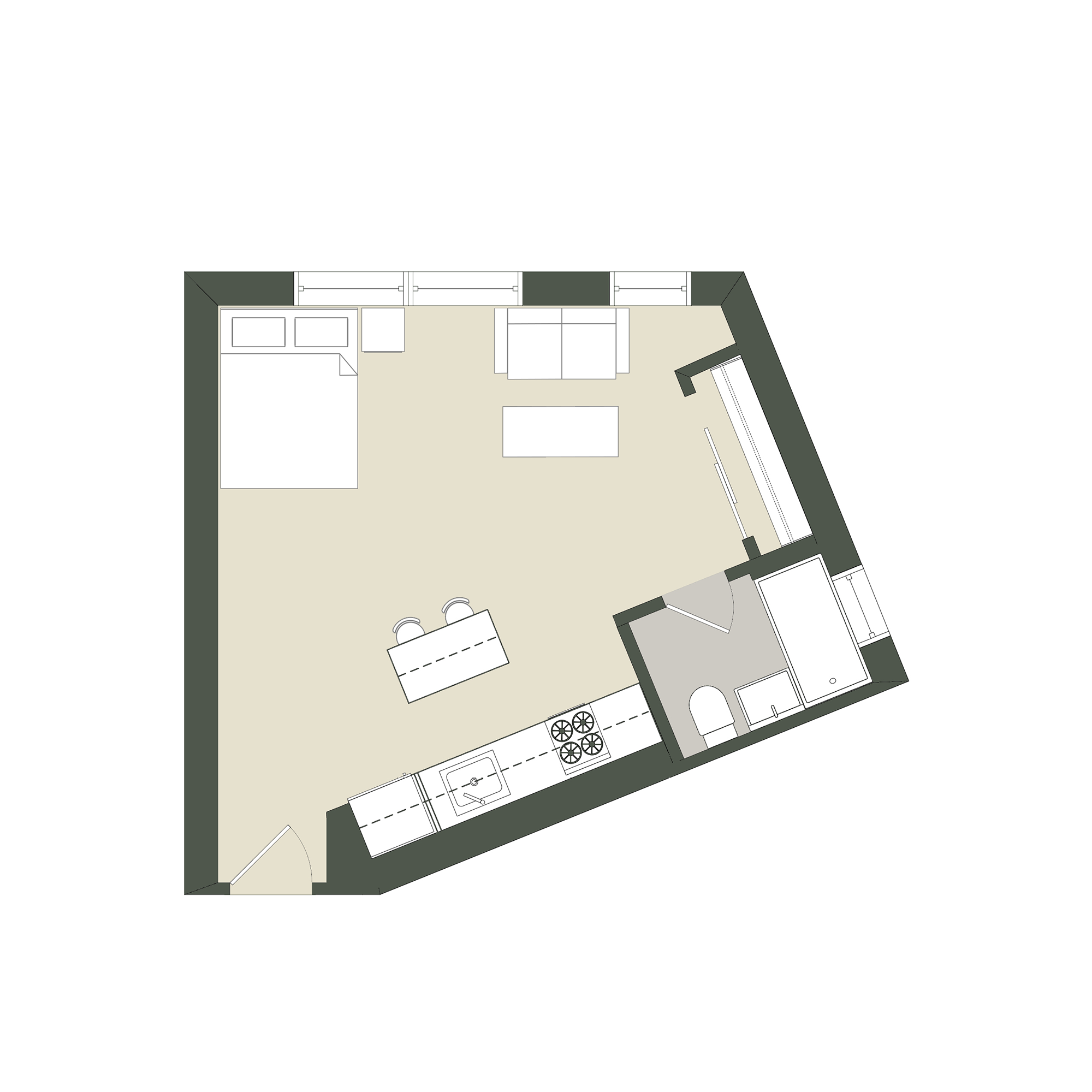 Floor plan for studio, 1 bath, 358 sqft